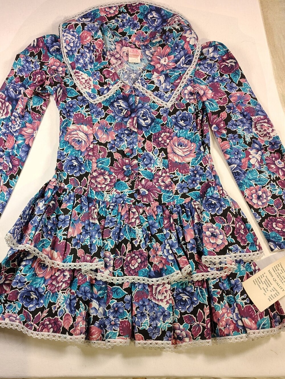 Vintage Floral Lace-Trim Peplum Dress in Purple, Blue, Teal Kids Size 8